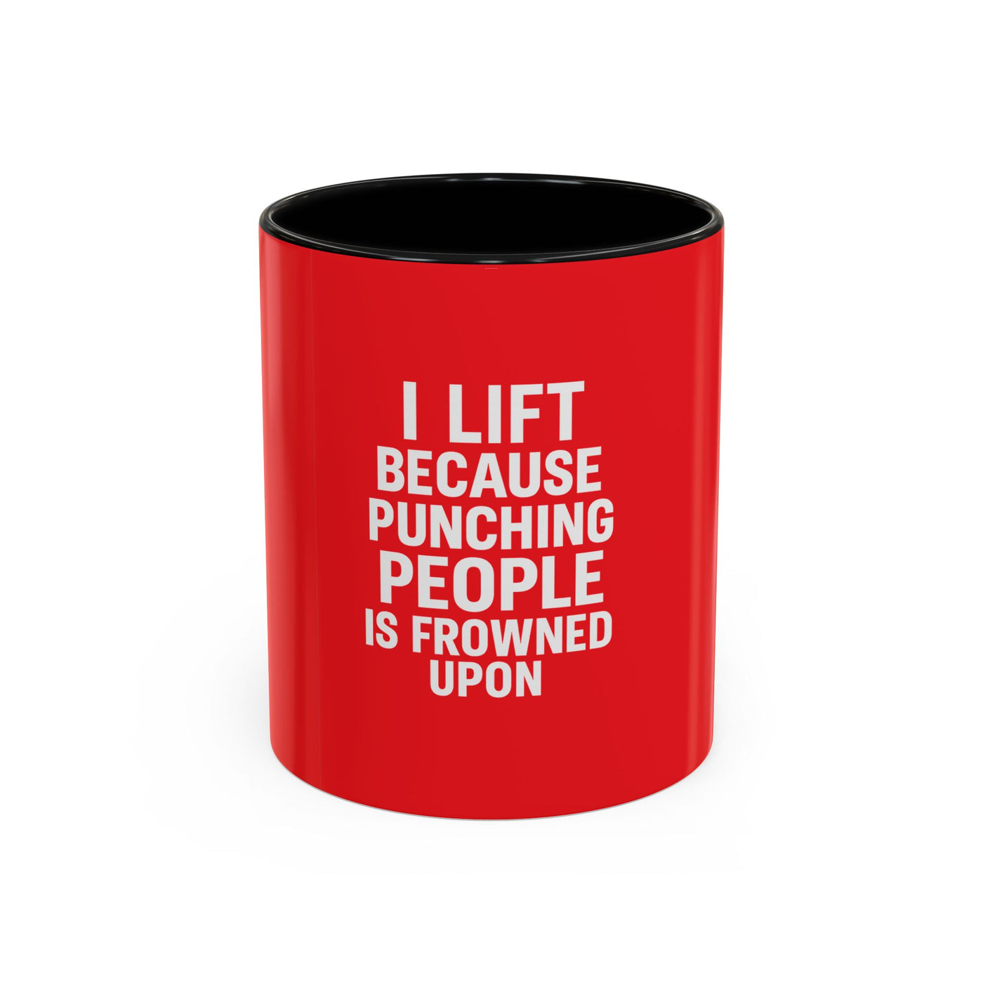 Funny Gym Coffee Mug – “I Lift Because Punching People is Frowned Upon” – 11oz Mug with Color Inside – Gift for Gym Lovers