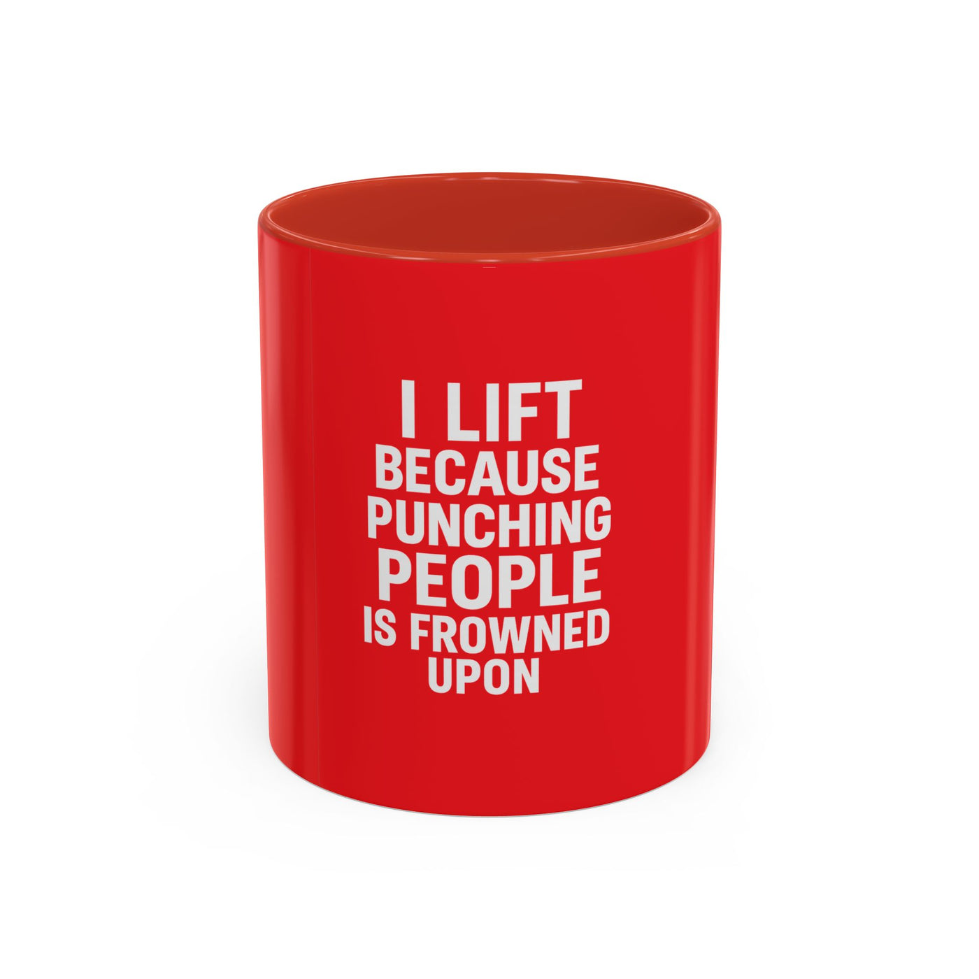 Funny Gym Coffee Mug – “I Lift Because Punching People is Frowned Upon” – 11oz Mug with Color Inside – Gift for Gym Lovers