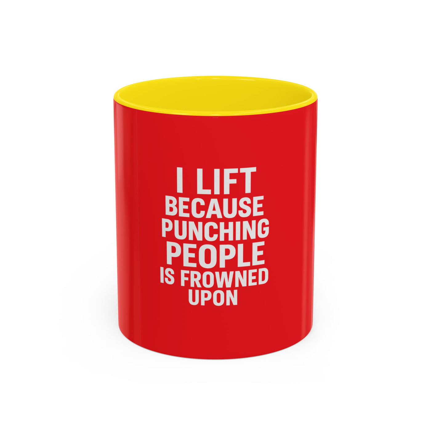 Funny Gym Coffee Mug – “I Lift Because Punching People is Frowned Upon” – 11oz Mug with Color Inside – Gift for Gym Lovers