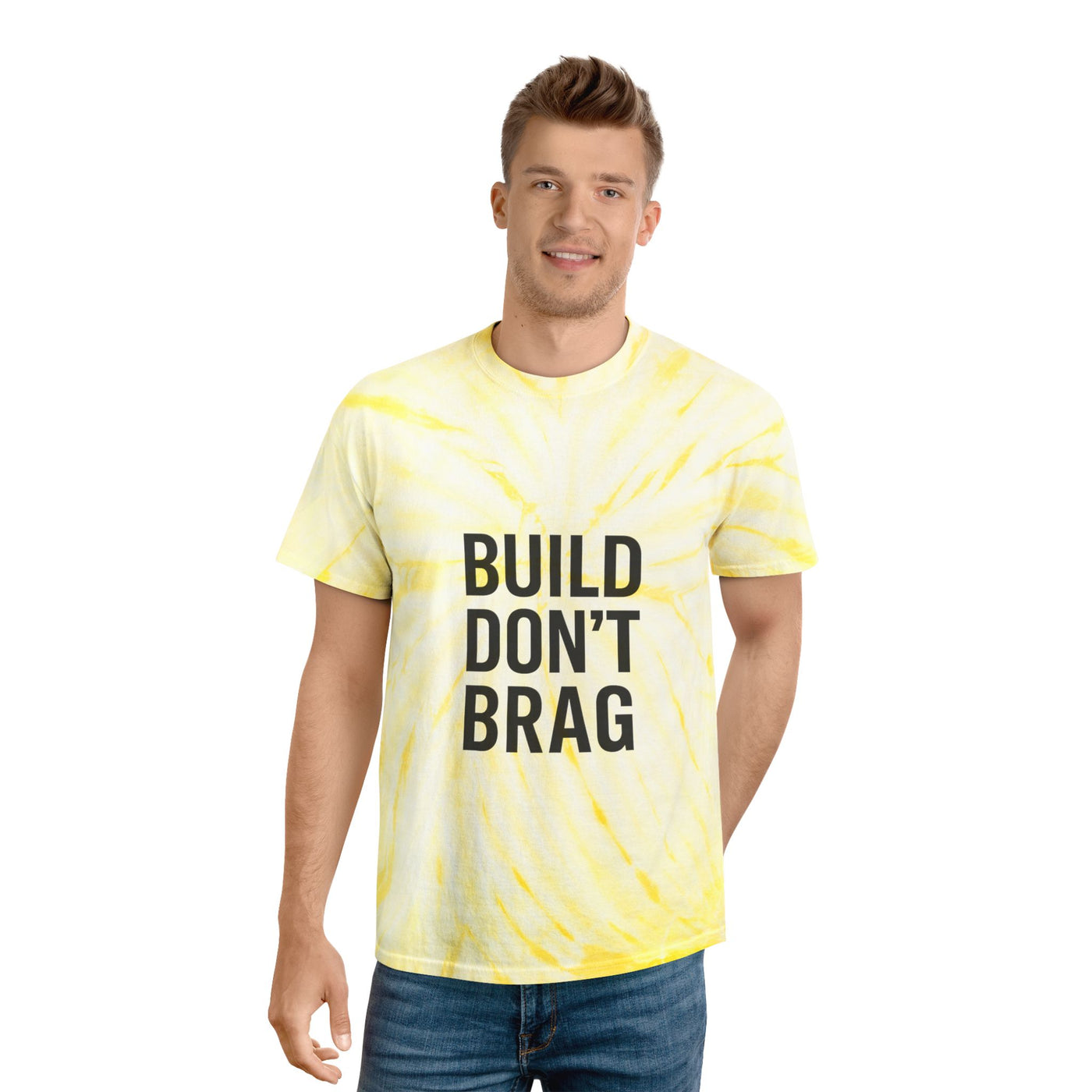 Build Don’t Brag – Motivational Tie-Dye T-Shirt | Bold Mindset Gym Shirt